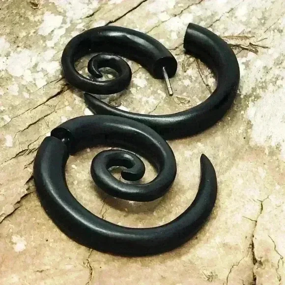 New Organic wooden spiral hoop earrings fake gauges by umbrellalaboratory - Picture 6 of 8